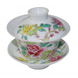 Gaiwan en porcelaine, style Famille Rose 100 ml décoré de pivoines