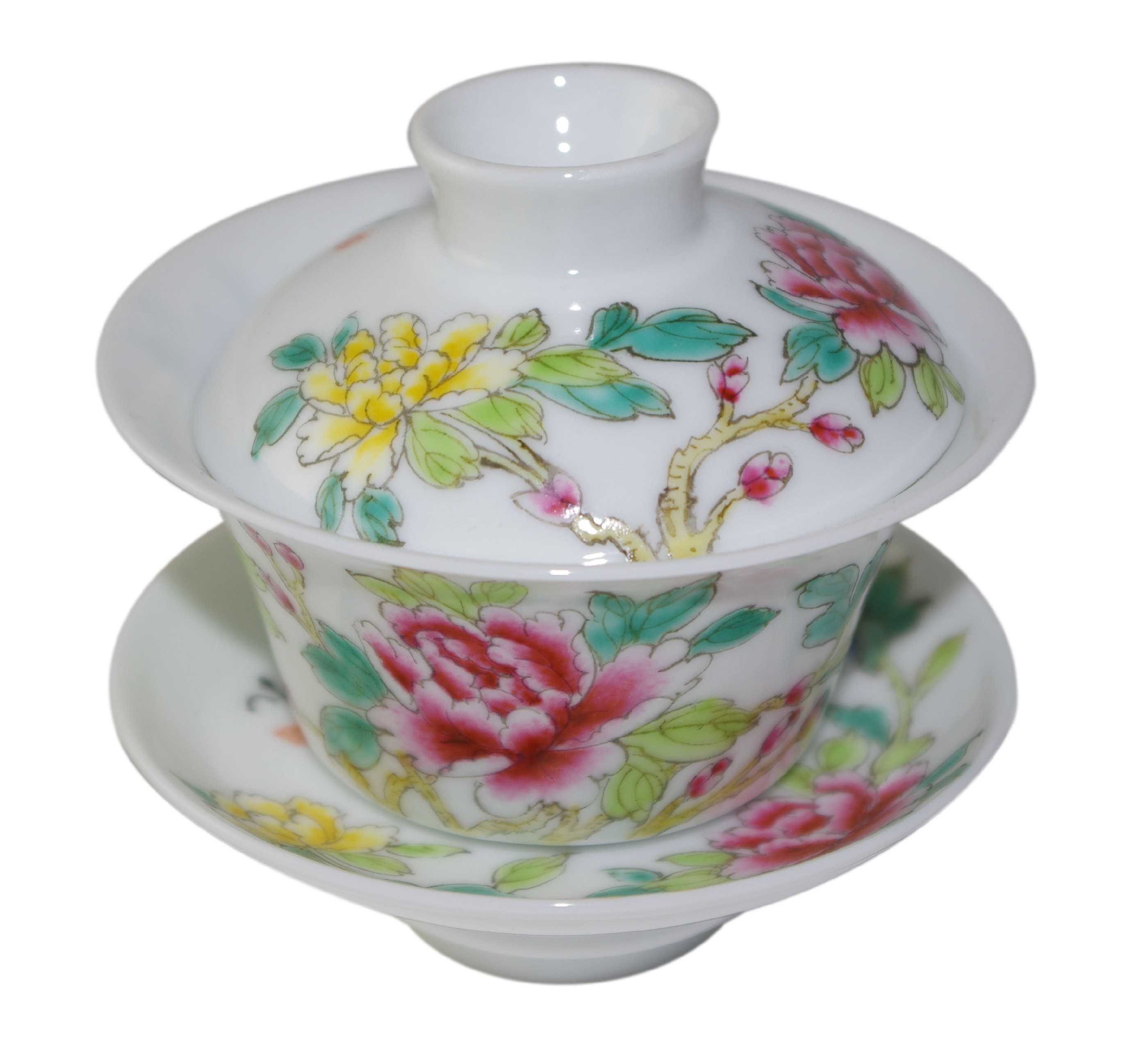 Gaiwan en porcelaine, style Famille Rose 100 ml décoré de pivoines