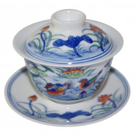 Gaiwan en porcelaine 115 ml  canards mandarins et lotus (set A)