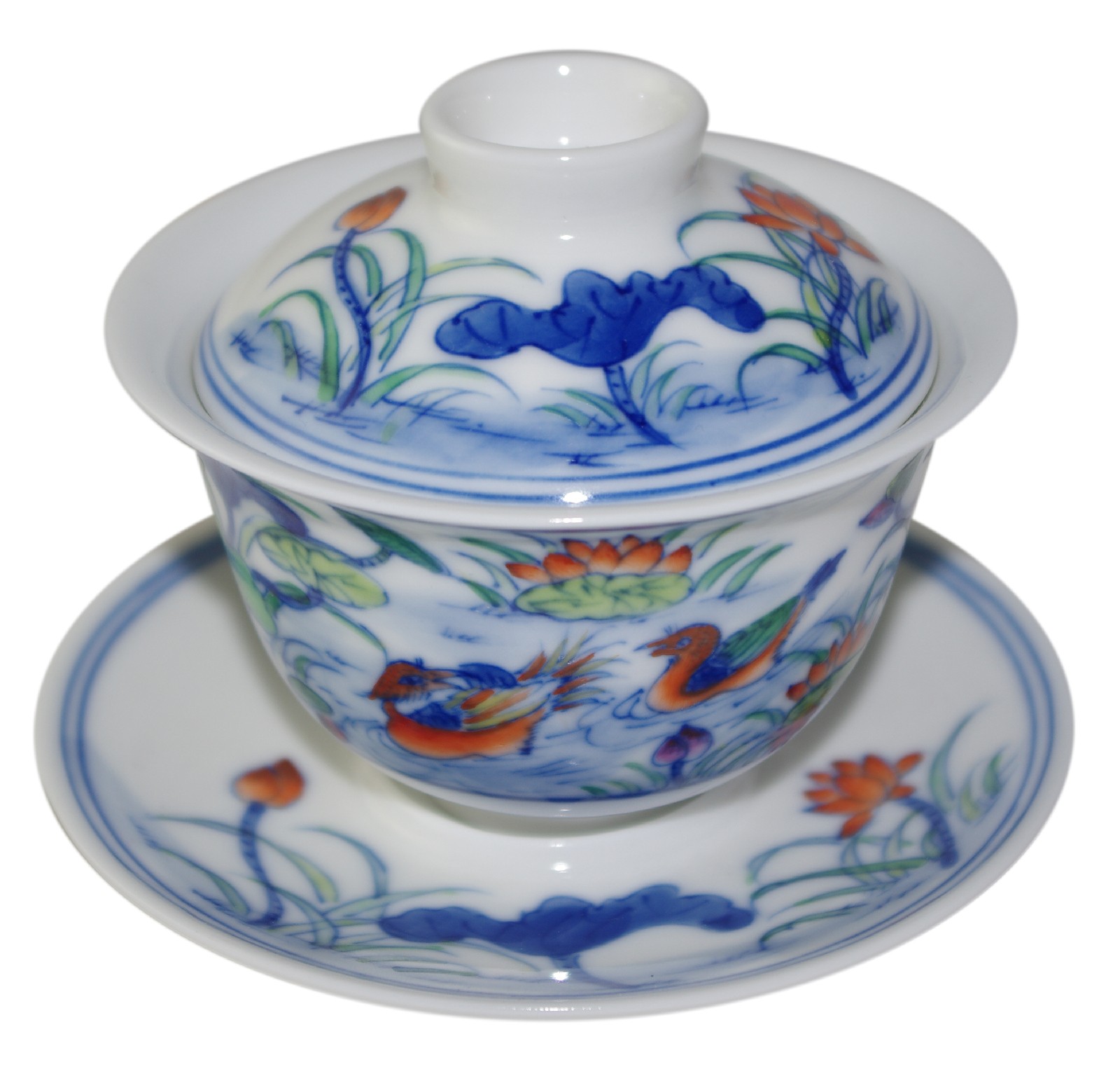 Gaiwan en porcelaine 115 ml  canards mandarins et lotus (set A)