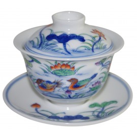 Gaiwan en porcelaine 115 ml  canards mandarins et lotus (set B)