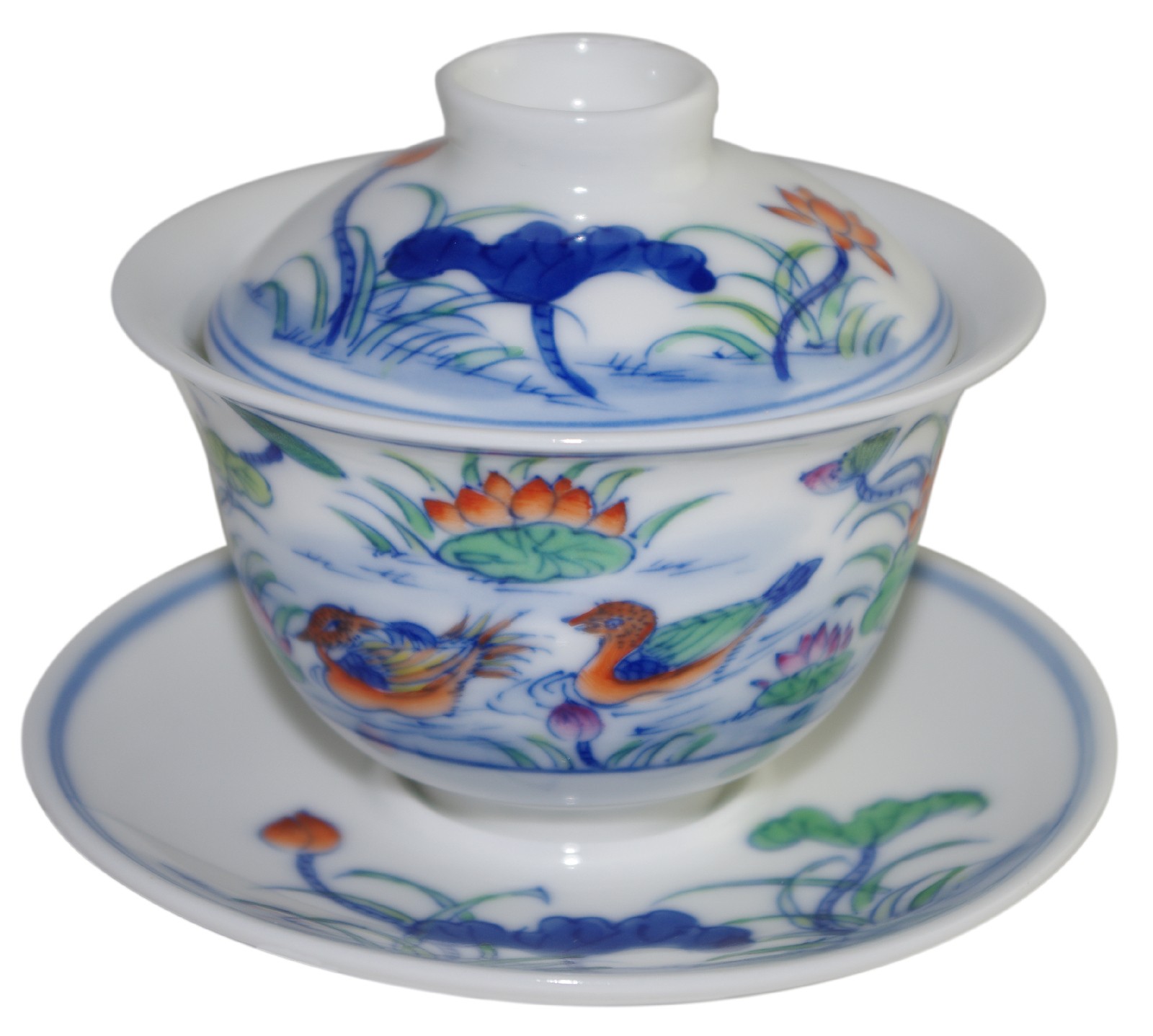 Gaiwan en porcelaine 115 ml  canards mandarins et lotus (set B)