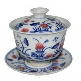 Gaiwan en porcelaine peint à la main - Fruits de lotus et fleurs stylisées 145 ml