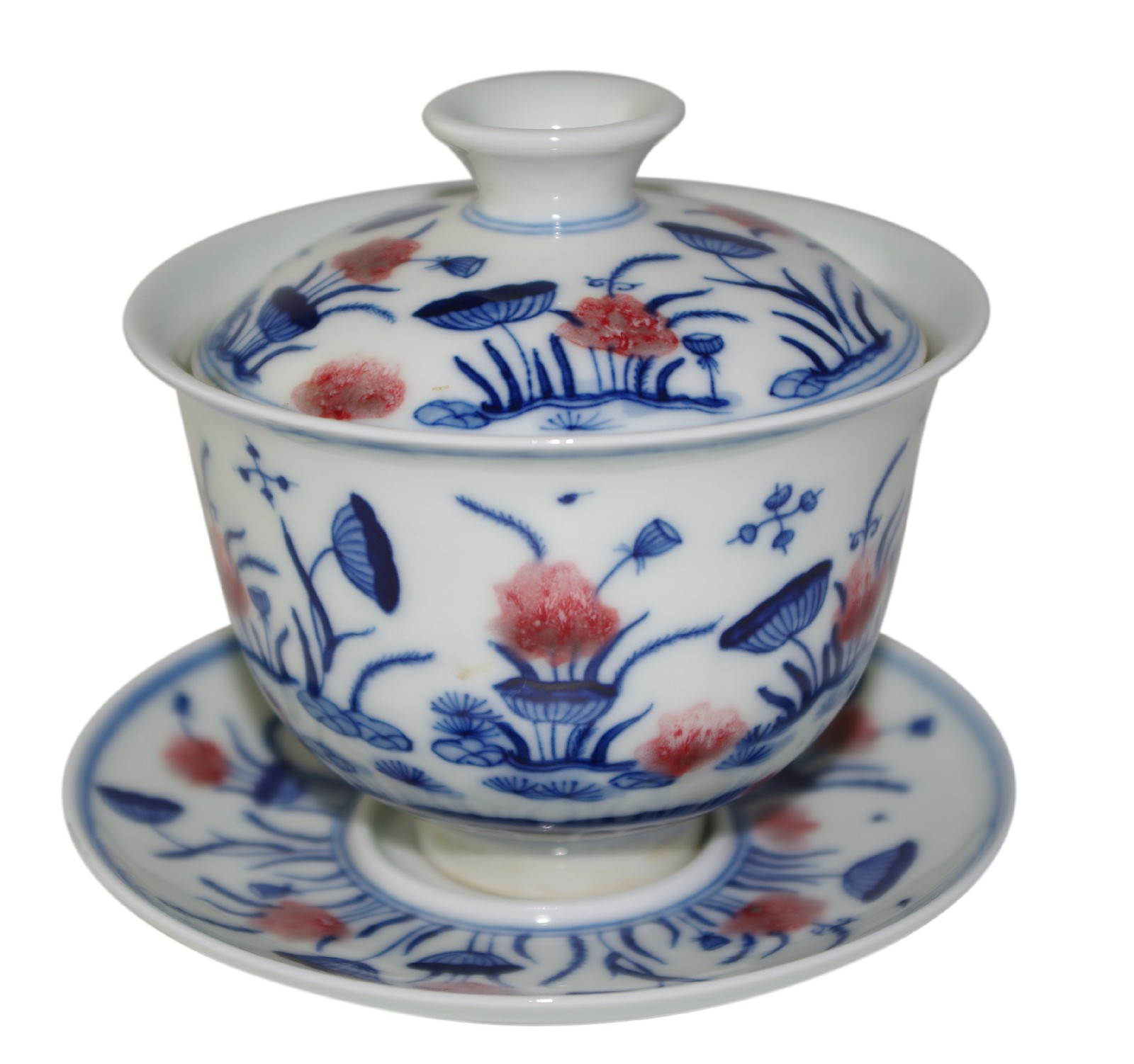 Gaiwan en porcelaine peint à la main - Fruits de lotus et fleurs stylisées 145 ml