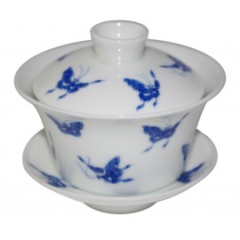 Gaiwan en porcelaine blanche, décoré de papillons bleus 150 ml